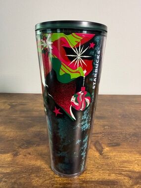 NWT Starbucks Black Green and Red Holiday Ornament Tumbler, 24 Oz